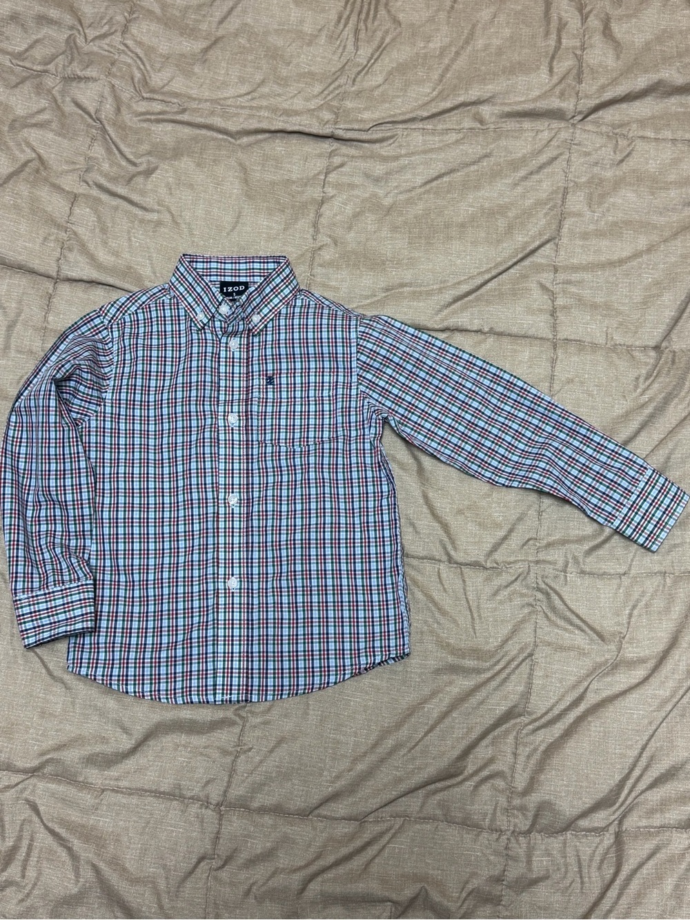 Izod Boys' Blue, Green & Red Plaid Button-Down Shirt Christmas Pics! Size 5 NWOT